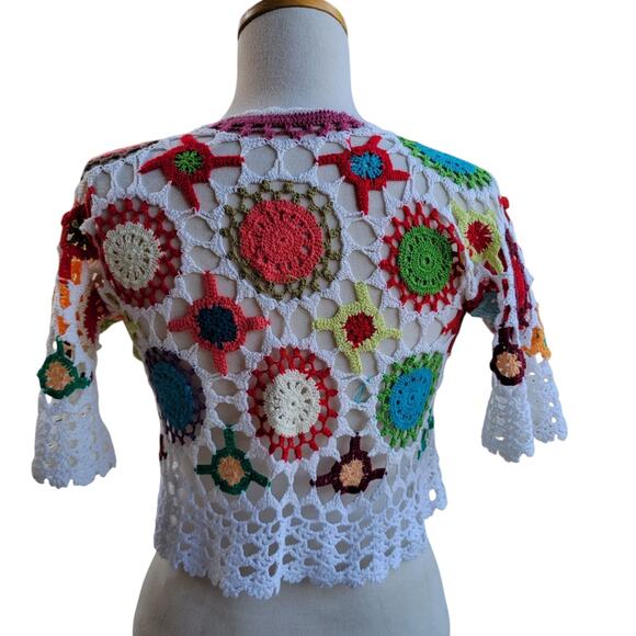 Crafty VTG Style Crochet Granny Flowers Crop Cardigan SM Multi Festival - Picture 15 of 16